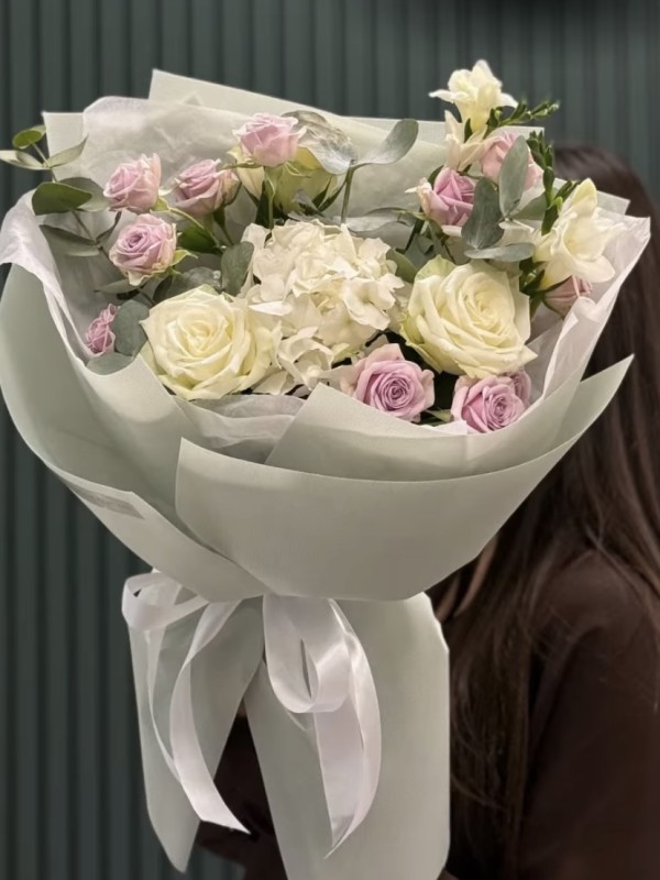 Author's bouquet with hydrangea, roses and freesia