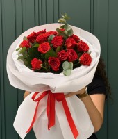 Bouquet of 19 red El Toro roses and eucalyptus
